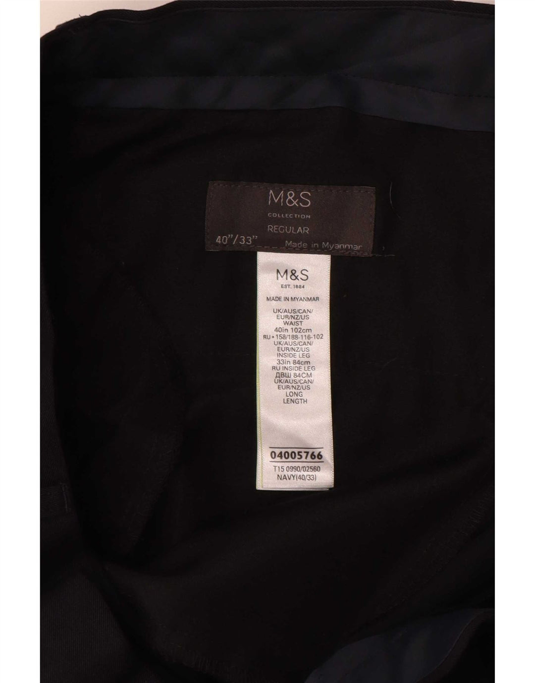 Pantaloni da abito regolari da uomo Marks & Spencer W40 L33 poliestere blu navy