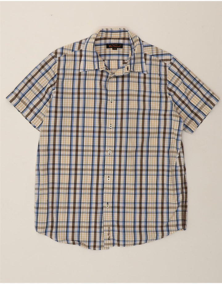 BEN SHERMAN Camicia a maniche corte da uomo in cotone a quadri multicolore grande