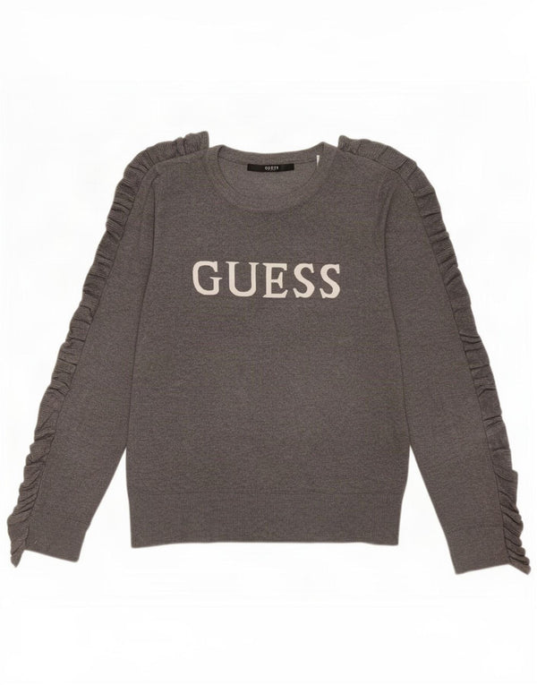 Guess Womens Graphic Crew Neck Jumper Sweater UK 14 Medium Grey