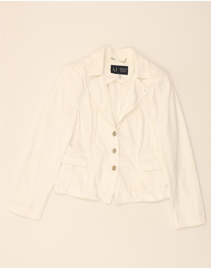ARMANI JEANS Womens 3 Button Blazer Jacket US 8 Medium White Cotton Vintage Armani Jeans and Second-Hand Armani Jeans from Messina Hembry 