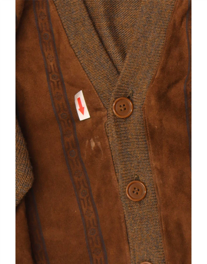 Maglione cardigan in pelle scamosciata vintage da uomo grande lana geometrica marrone