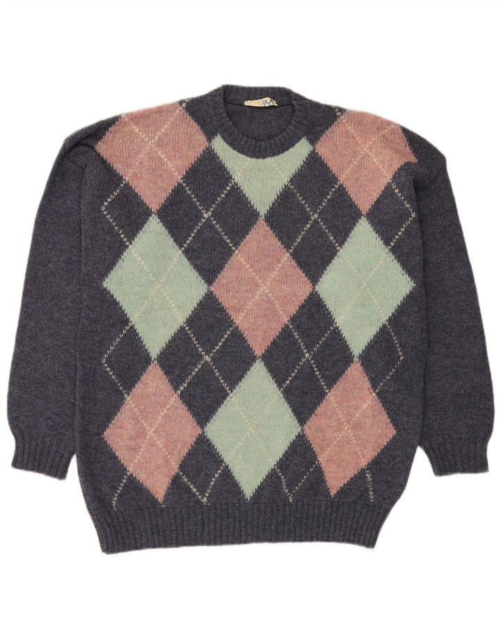 Maglione girocollo da uomo VINTAGE grande blu a rombi/diamante