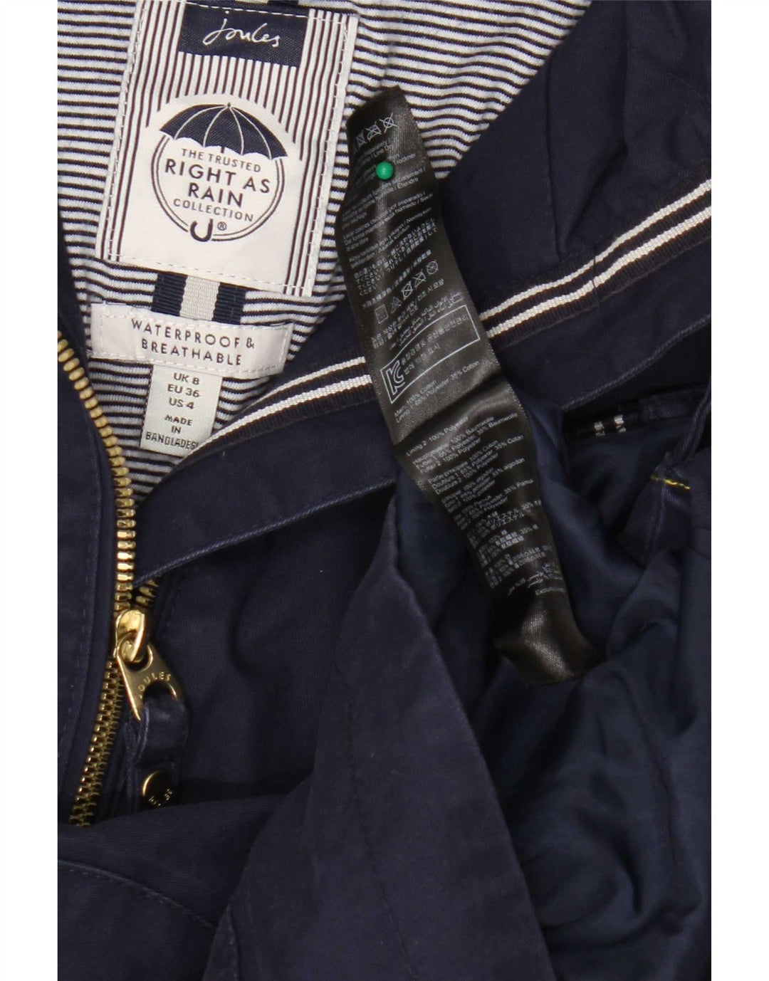 Giacca antipioggia con cappuccio da donna Joules UK 8 Small Blu Navy Cotone