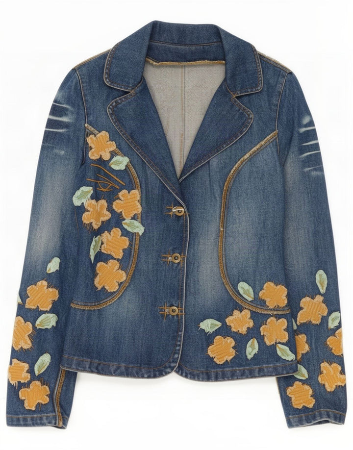 Giacca di jeans vintage da donna EU 38 cotone floreale blu medio
