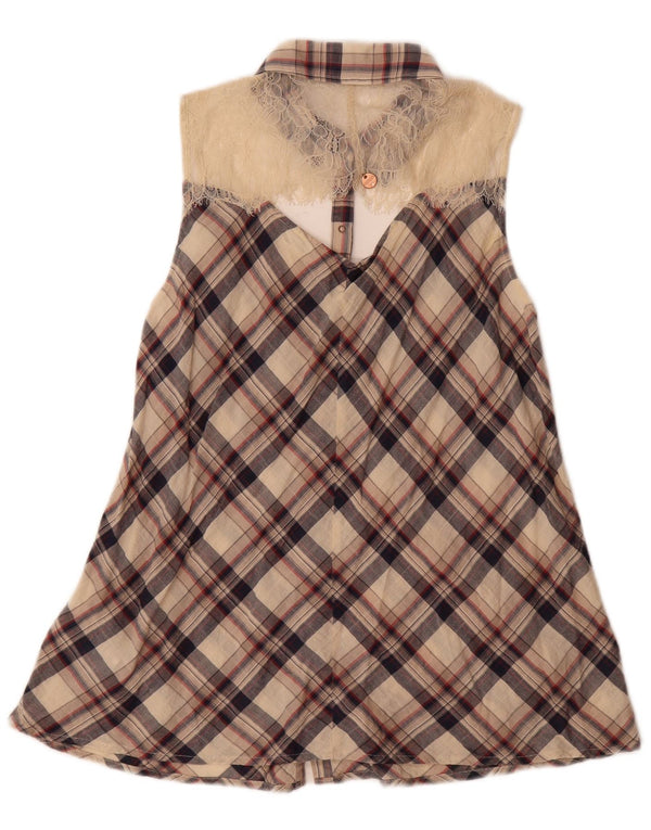 Guess Abito camicia oversize senza maniche da donna UK 6 XS Cotone a quadri beige