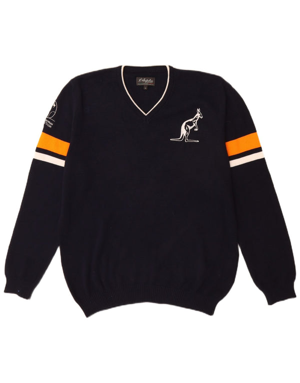 AUSTRALIAN L'ALPINA Maglione da uomo con scollo a V a righe grandi blu navy