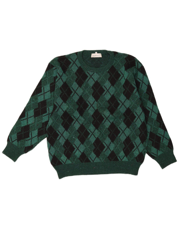 Vintage Mens Crew Neck Jumper Sweater IT 48 Medium Green Argyle/Diamond