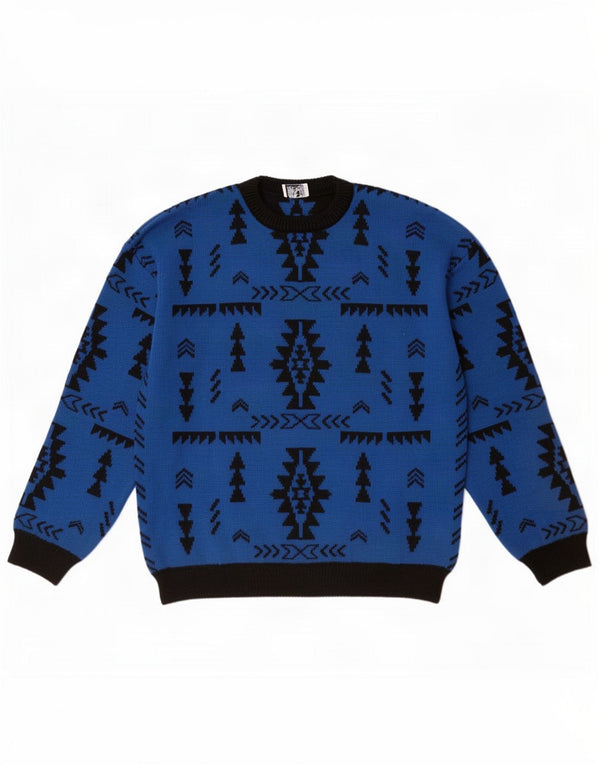Vintage Mens Crew Neck Jumper Sweater XL Blue Geometric Wool