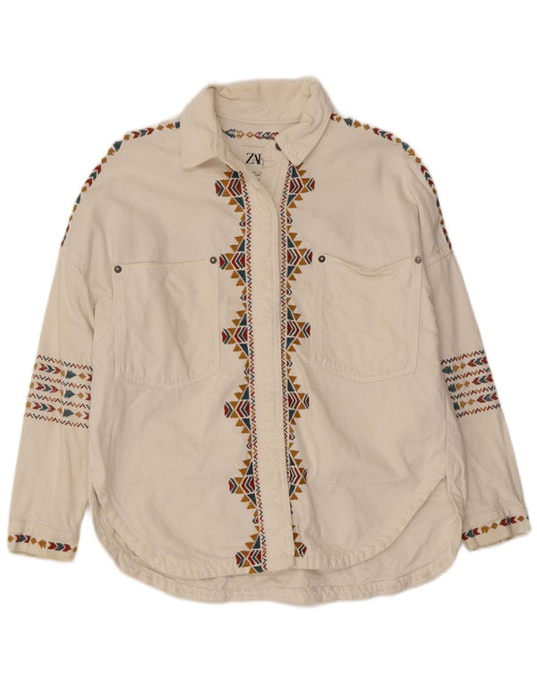 Camicia oversize da donna Zara UK 10 piccola in cotone geometrico bianco