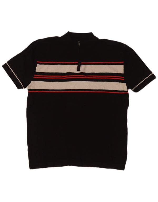 Zara Mens Zip Neck T-Shirt Top Large Black Colourblock Viscose