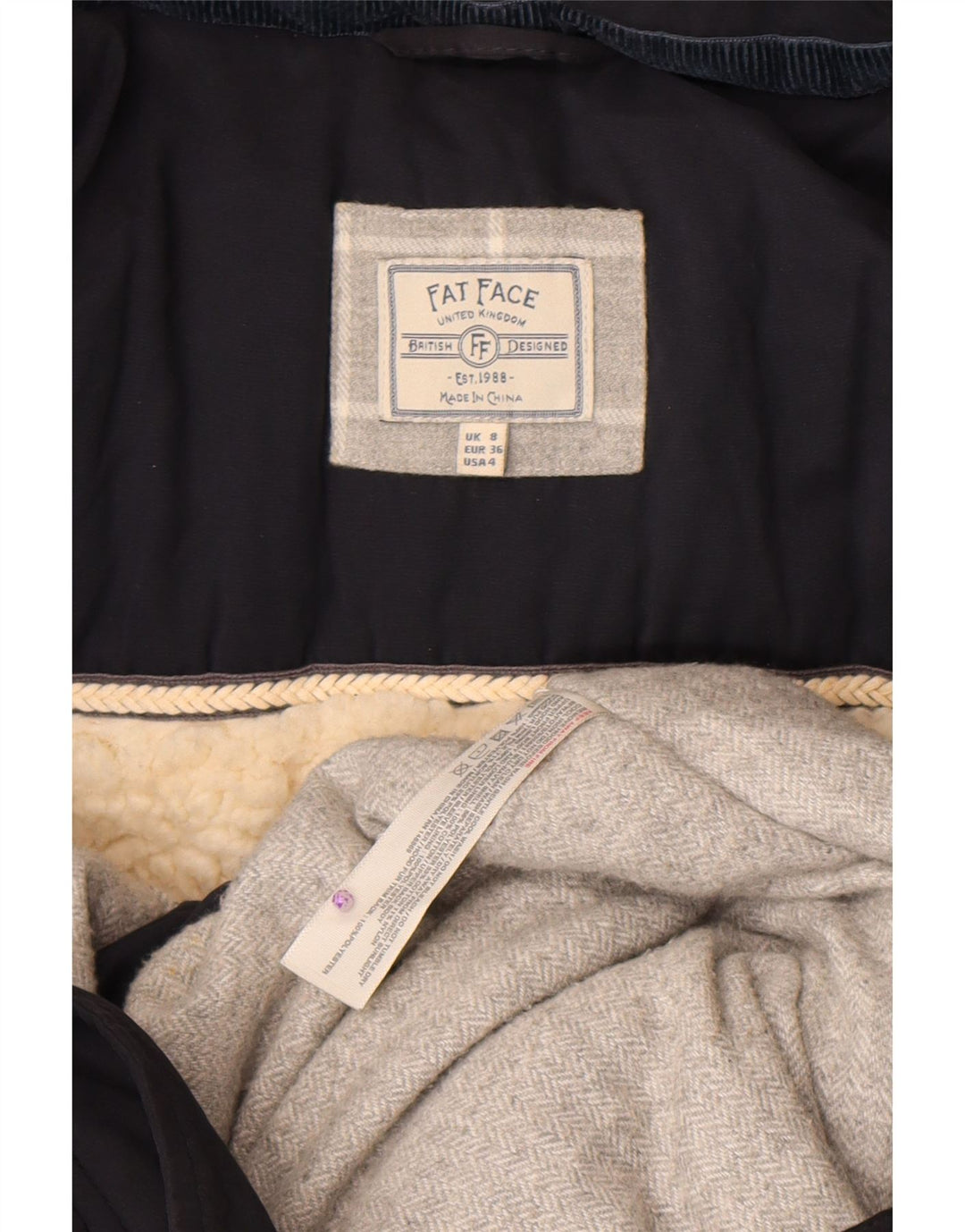 Cappotto imbottito in sherpa con cappuccio da donna Fat Face UK 8 piccolo in poliestere blu navy