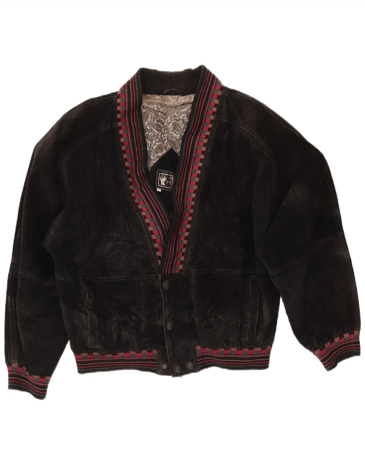 Giacca in pelle scamosciata oversize da donna VINTAGE UK 18 XL in pelle geometrica nera