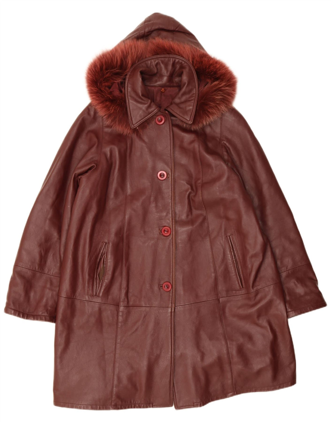 Cappotto in pelle con cappuccio da donna vintage UK 14 rosso medio