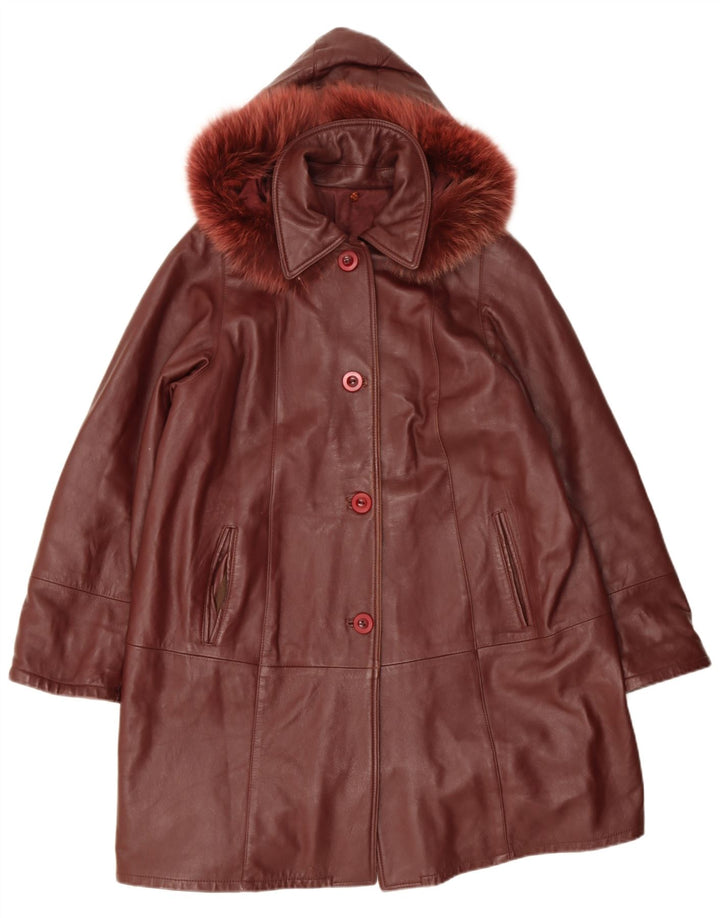 Cappotto in pelle con cappuccio da donna vintage UK 14 rosso medio