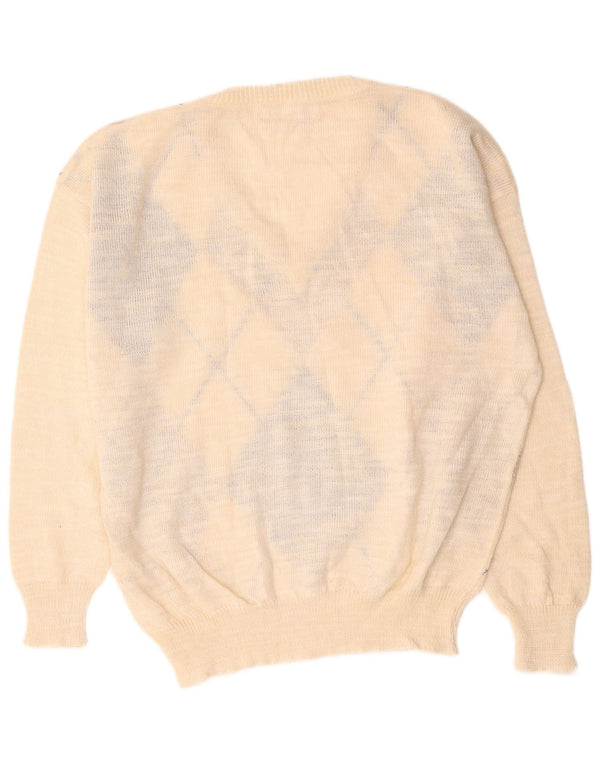 Maglione vintage da uomo con scollo a V XL lino bianco a rombi/diamante