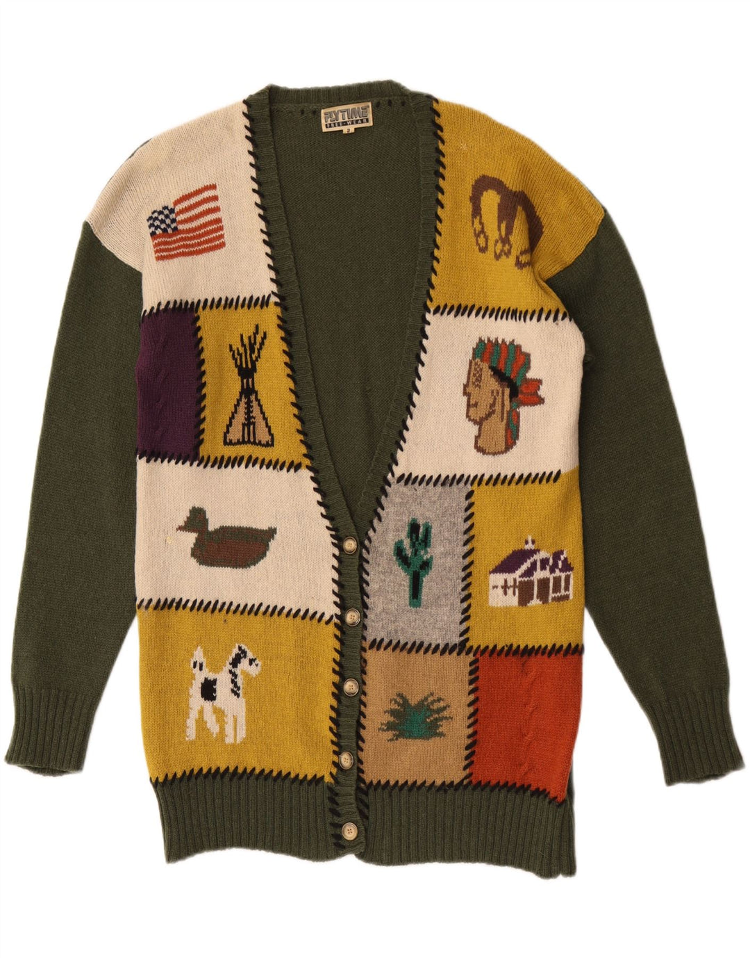 Maglione cardigan grafico da donna vintage UK 16 grande lana patchwork verde