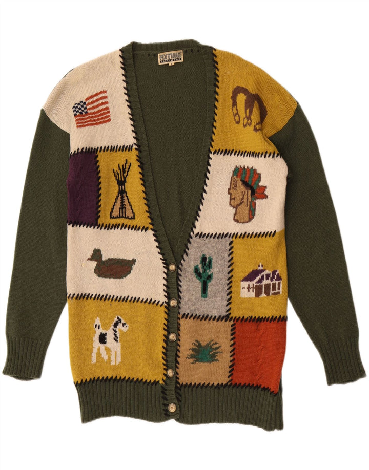 Maglione cardigan grafico da donna vintage UK 16 grande lana patchwork verde