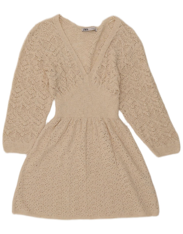 Abito maglione Zara da donna con maniche a 3/4 UK 12 Poliestere bianco medio