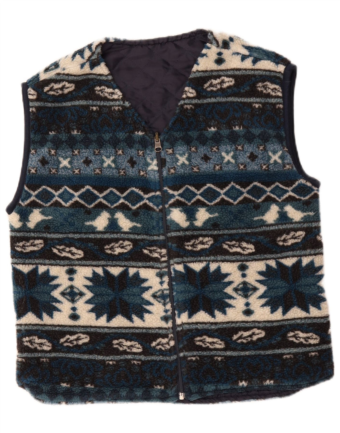 Gilet in pile da uomo vintage UK 38 blu medio geometrico