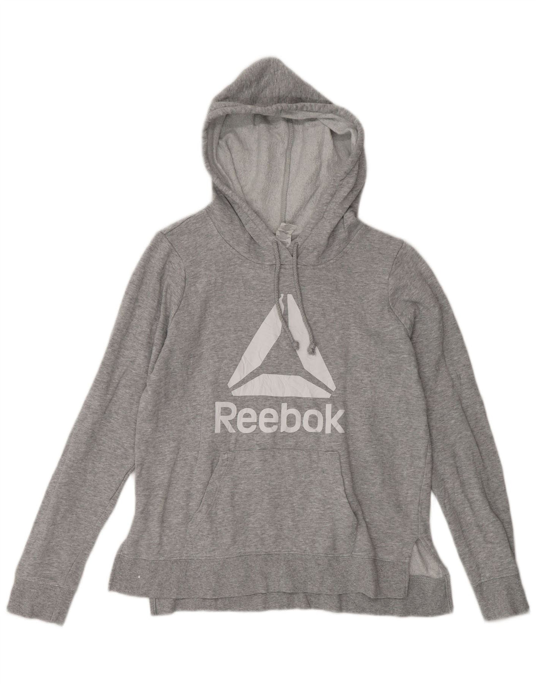 REEBOK Felpa con cappuccio grafica da donna UK 14 Cotone chiazzato grigio medio