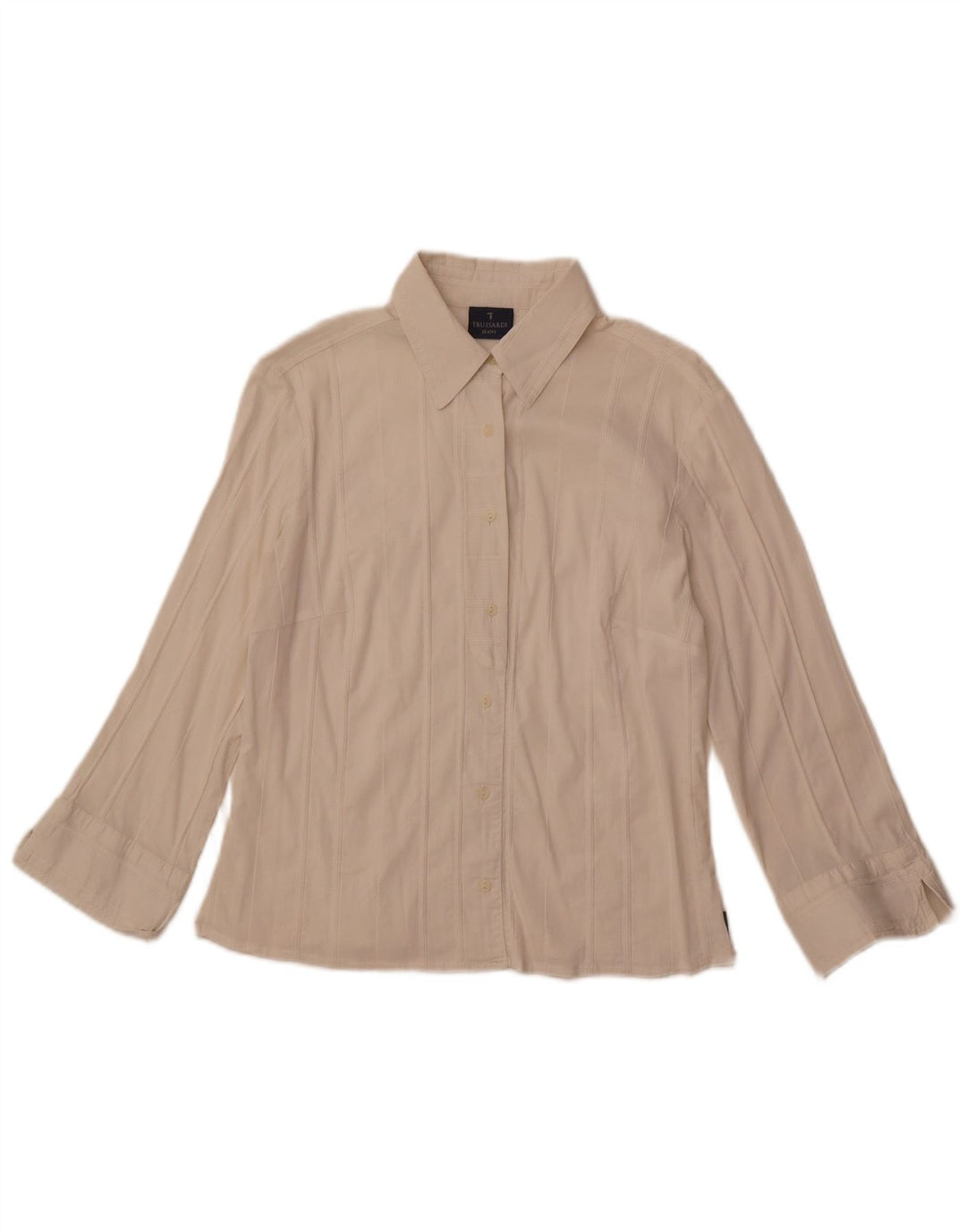 TRUSSARDI JEANS Camicia Camicetta da Donna UK 14 Grande a Righe Bianco Sporco