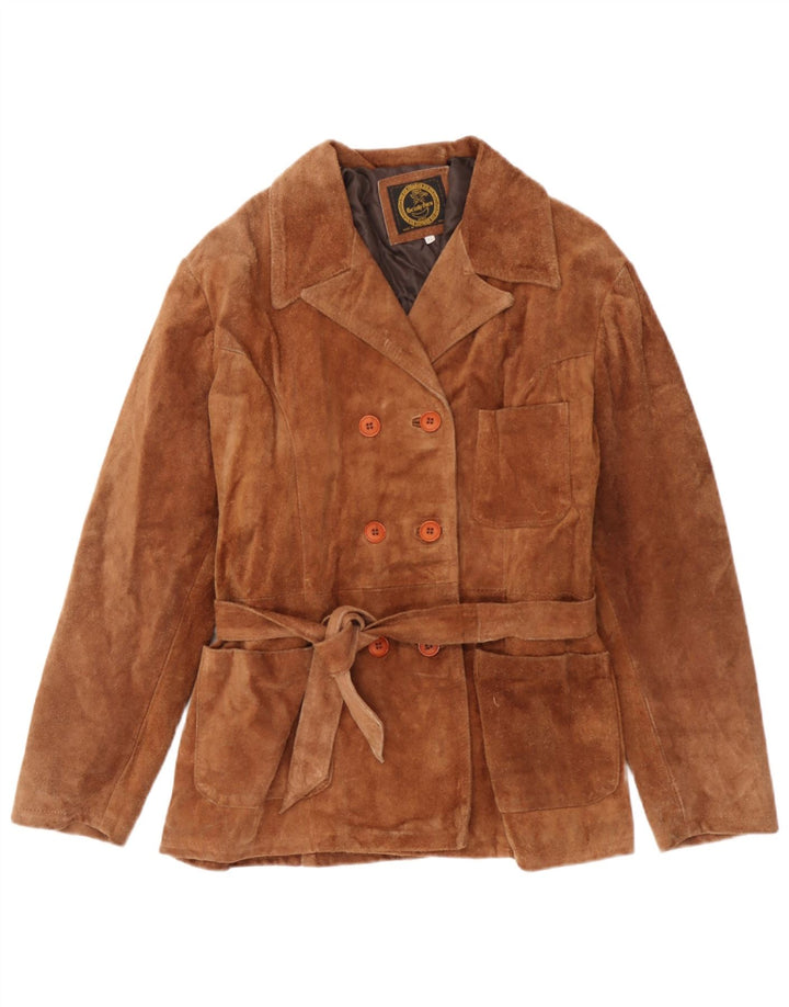 Giacca vintage in pelle scamosciata doppio petto da donna UK 18 XL in pelle beige