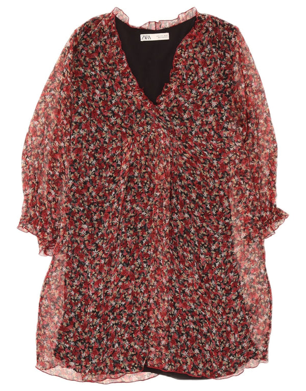 Abito a trapezio a maniche lunghe da donna Zara UK 10 Piccolo poliestere floreale rosso