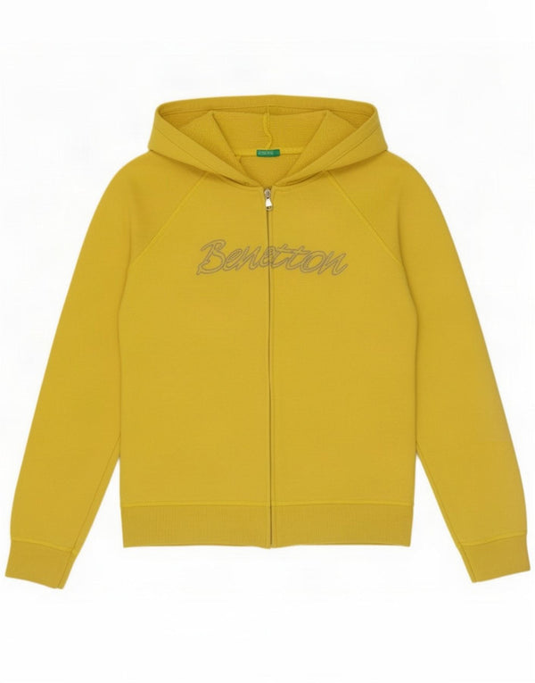Benetton Felpa con cappuccio e zip grafica da donna UK 12 Cotone giallo medio