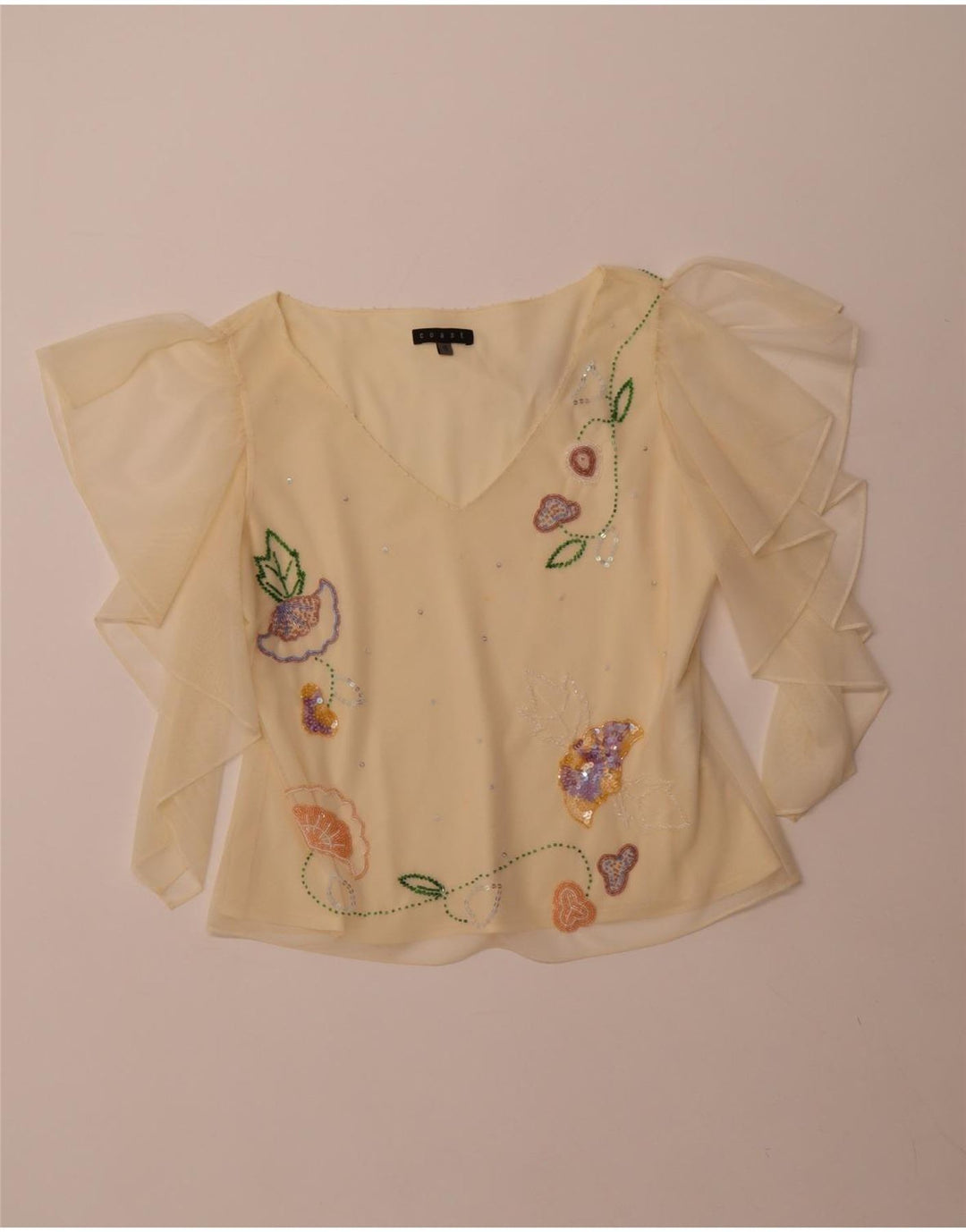 Top corto da donna COAST trasparente in camicetta UK 16 grande poliestere giallo