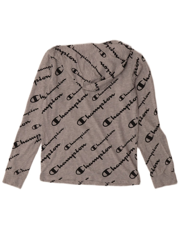 Champion Womens Crop Hooded Graphic Top Long Sleeve UK 14 Large Grey Cotton