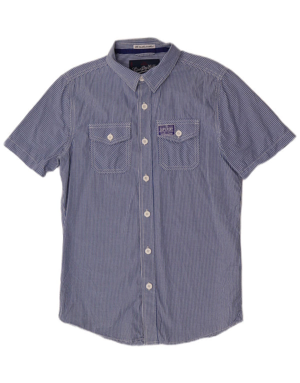 Superdry Mens Short Sleeve Shirt Medium Blue Gingham Cotton