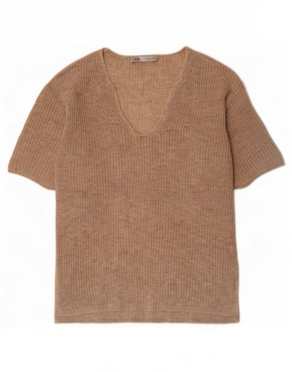 Maglione oversize con scollo a V da donna Zara UK 10 piccolo beige screziato