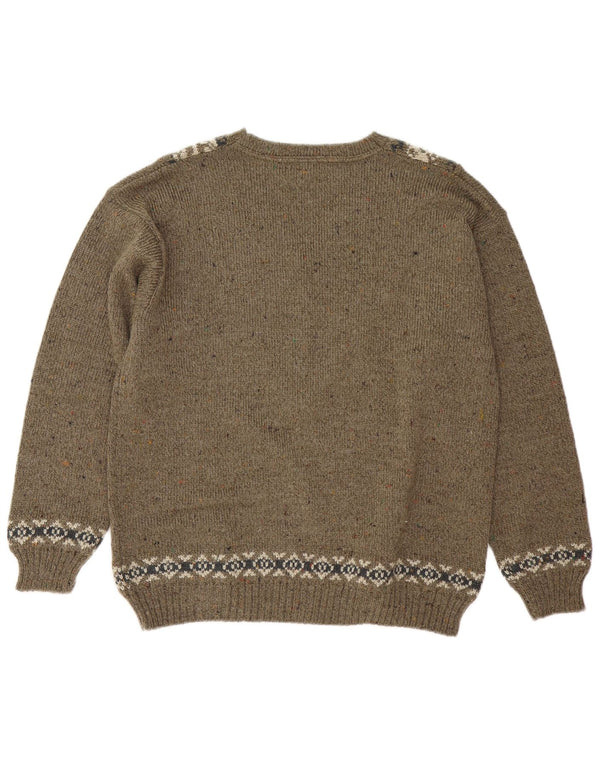 Maglione vintage da uomo con scollo a V medio kaki Fair Isle