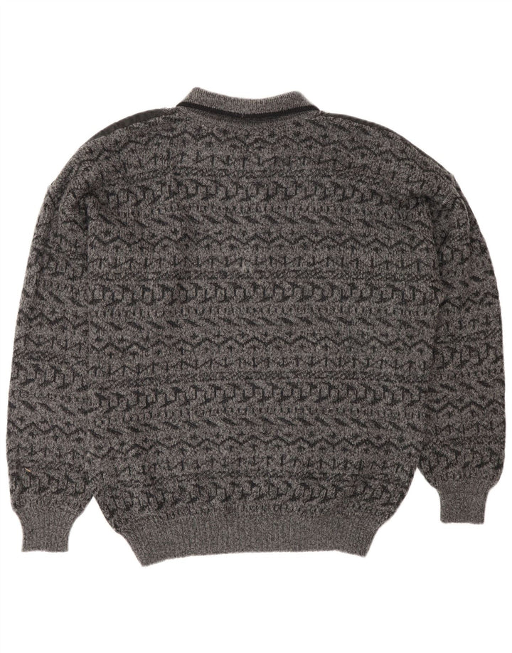 Maglione vintage da uomo con collo a polo IT 52 Lana geometrica grigia grande
