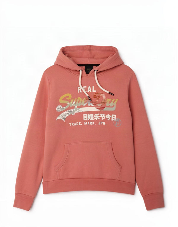 Felpa con cappuccio grafica da donna Superdry UK 12 cotone rosa medio
