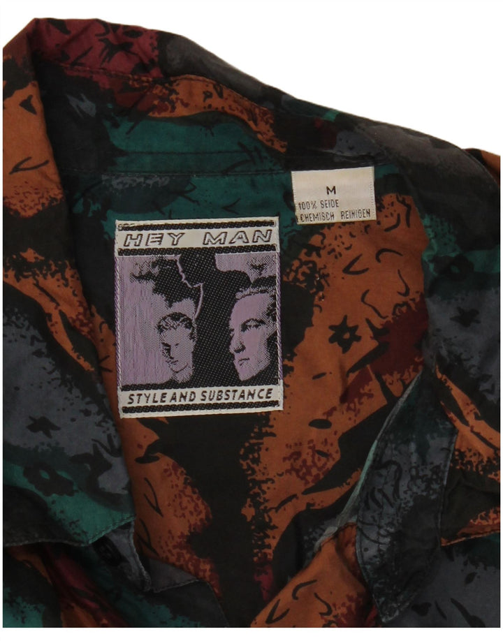 Camicia a maniche corte vintage da uomo con motivo astratto in seta media multicolore