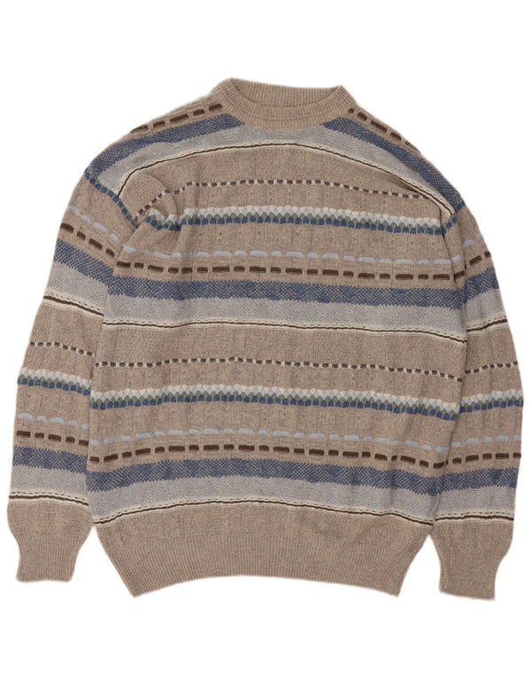 Vintage Mens Crew Neck Jumper Sweater Large Grey Geometric
