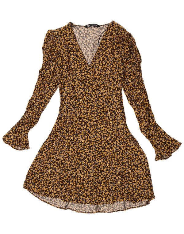 Abito a trapezio a maniche lunghe da donna Zara UK 4 XS viscosa floreale gialla