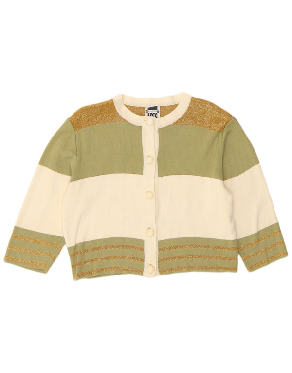 Maglione cardigan corto corto da donna vintage UK 12 cotone a righe kaki medio