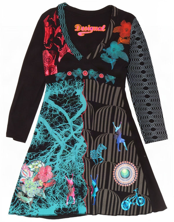 Desigual Abito da donna a maniche lunghe con grafica a linea A UK 18 XL Patchwork nero