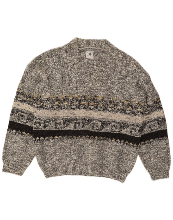 NEW FAST Mens V-Neck Jumper Sweater Medium Grey Fair Isle Acrylic