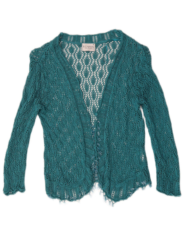 Top cardigan all'uncinetto da donna romano UK 16 grande viscosa geometrica blu