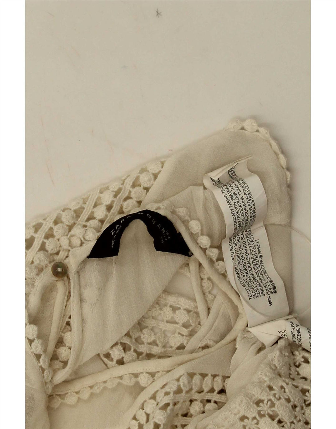 Top corto in camicetta di pizzo senza maniche da donna Zara UK 12 poliestere bianco medio