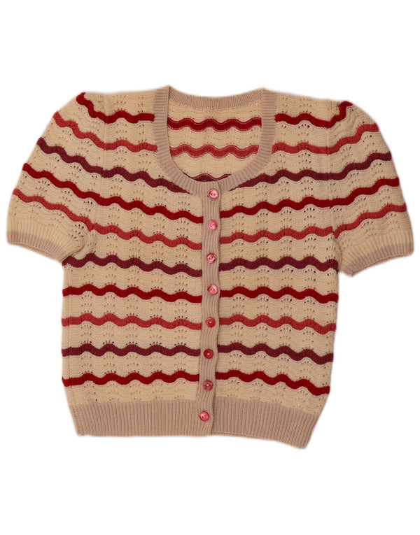 Maglione cardigan a maniche corte da donna VINTAGE UK 14 a righe beige medio