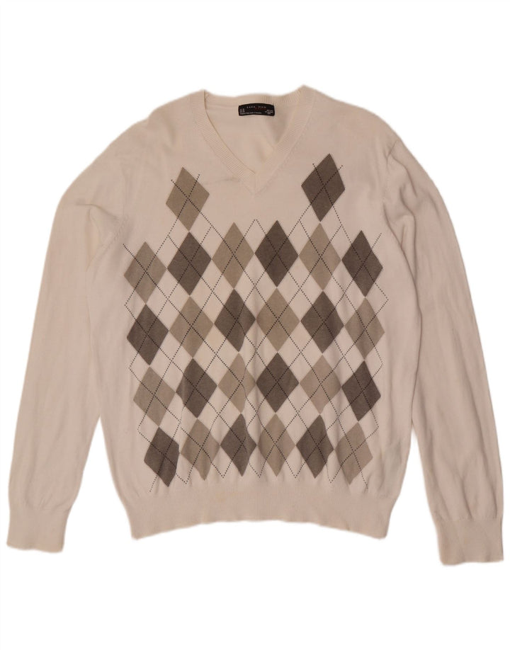 Maglione Zara da uomo con scollo a V XL bianco a rombi/cotone diamante