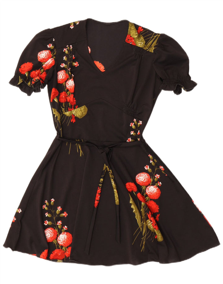 Abito a trapezio da donna VINTAGE UK 12 medio nero floreale