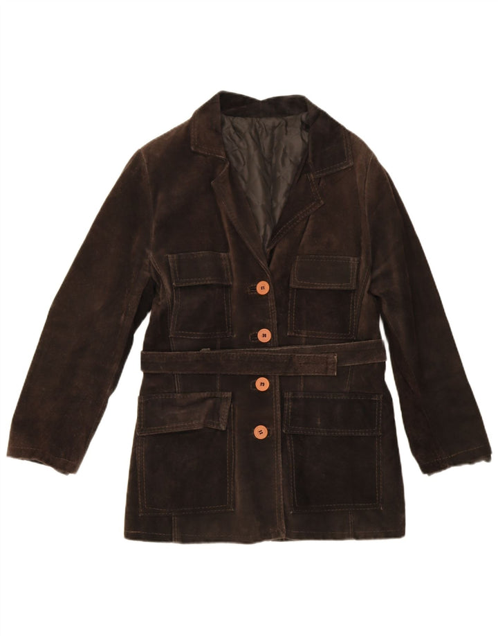 Giacca vintage in pelle scamosciata da donna UK 10 piccola in pelle marrone