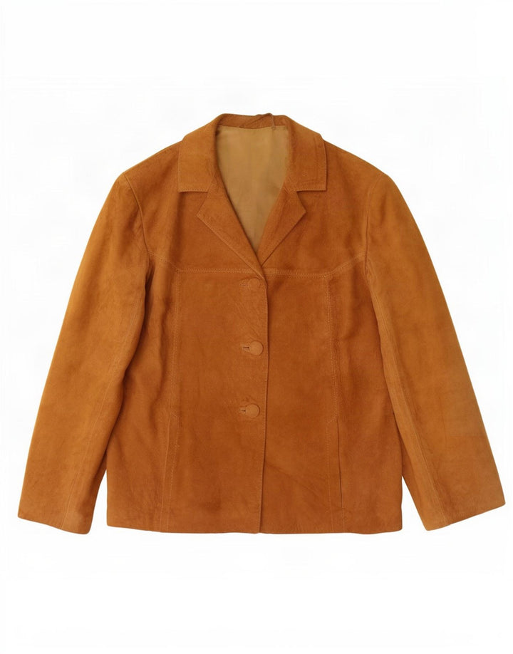 Giacca blazer vintage in pelle scamosciata a 3 bottoni da donna UK 14 beige medio