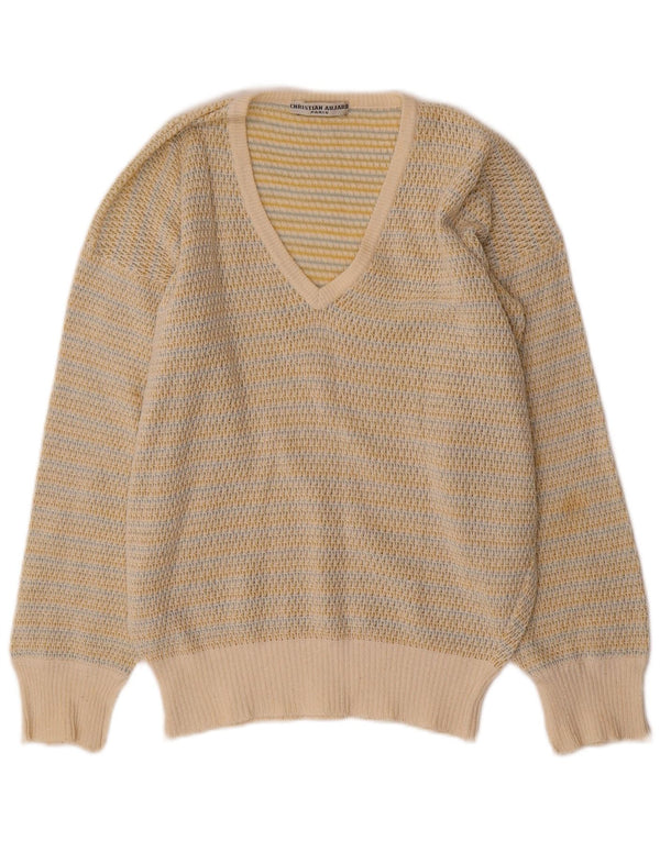 Maglione da donna con scollo a V Christian Aujard US 2 XS a righe bianco sporco