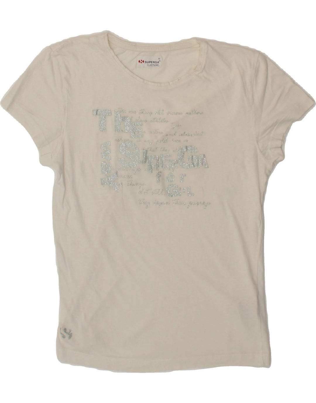 SUPERGA Womens Graphic T-Shirt Top UK 12 Medium Off White Cotton Vintage Superga and Second-Hand Superga from Messina Hembry 